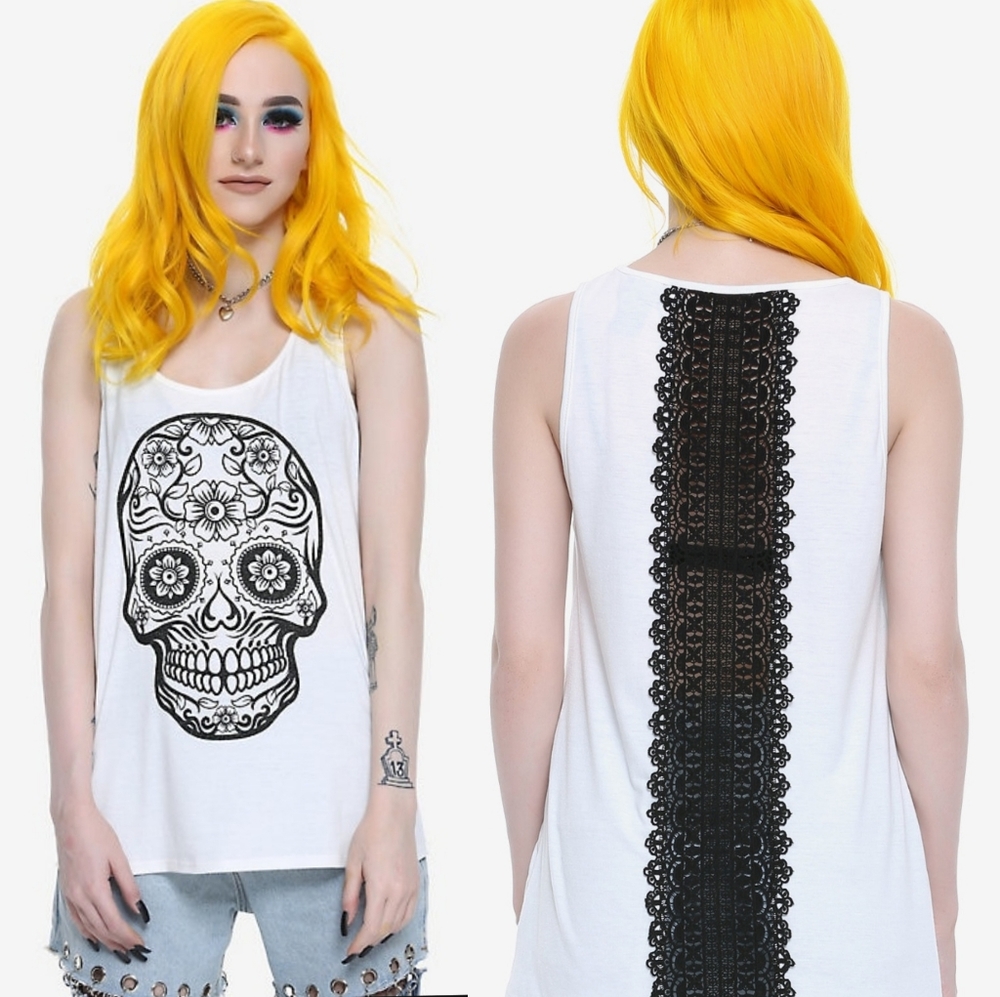Midnight hour Glitter Skull Lace Back tank top L